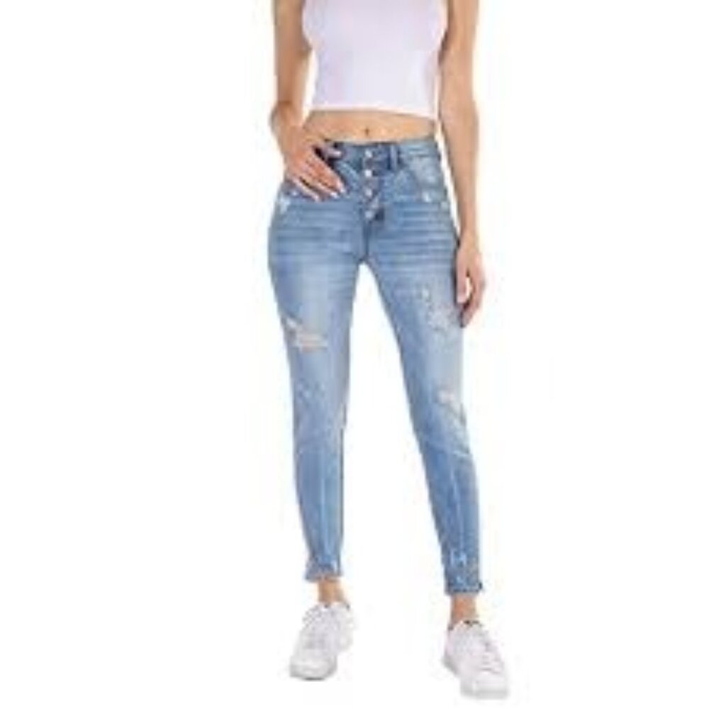 KANCAN Jeans Womens 26 High Rise Button Fly Light Wash Distressed Ankle Blue
